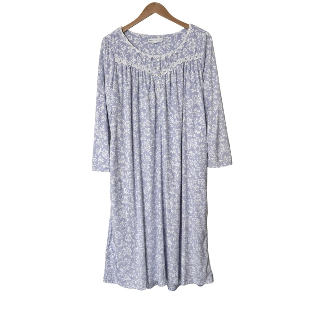 Eileen West Floral Blue White Soft Fleece Midi Nightgown Long Sleeve Pockets XL